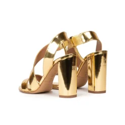 Aquira Sandalias de tacón alto ancho en piel efecto espejo color oro
