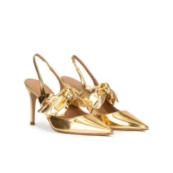 Jaqueline Zapatos altos destalonados en piel dorada con detalle de lazo