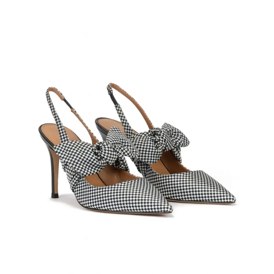 Jaqueline Zapatos destalonados de tacón alto en tejido a cuadros azul y blanco