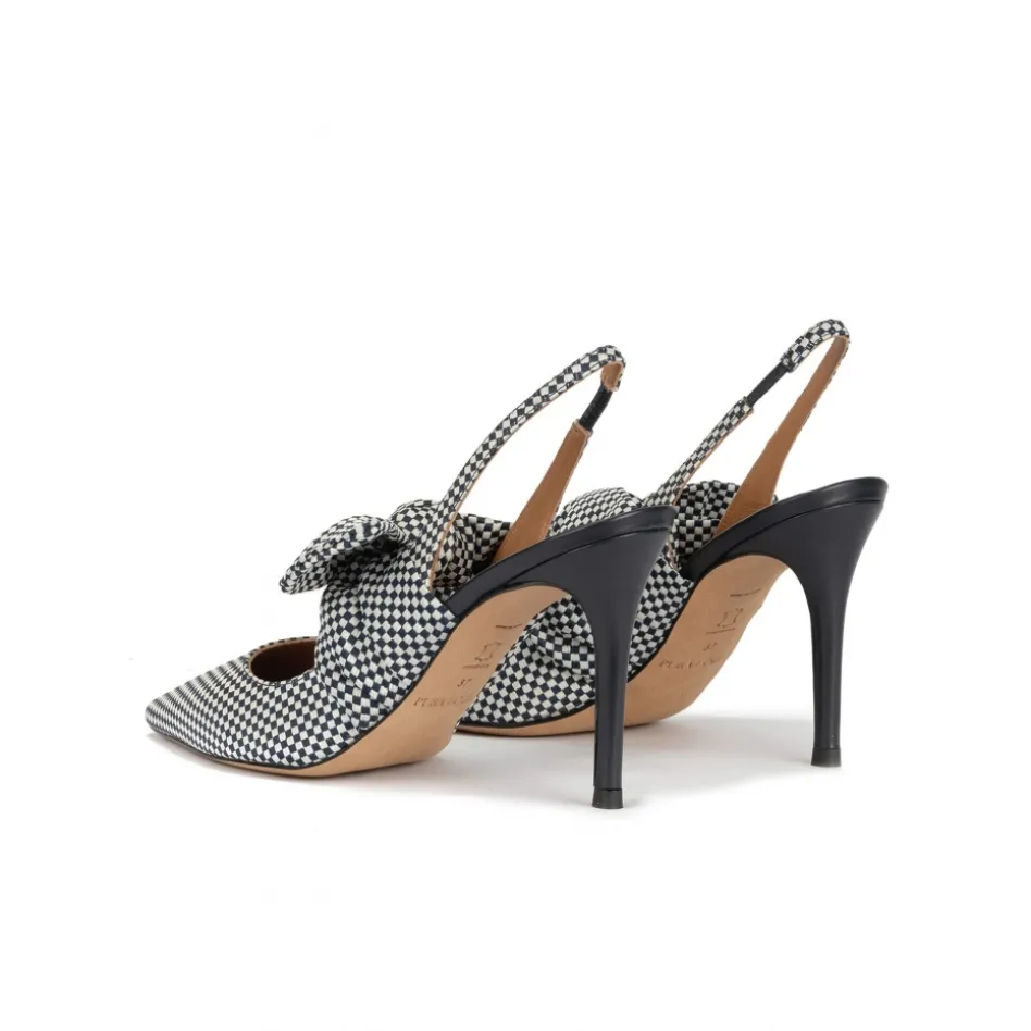 Jaqueline Zapatos destalonados de tacón alto en tejido a cuadros azul y blanco