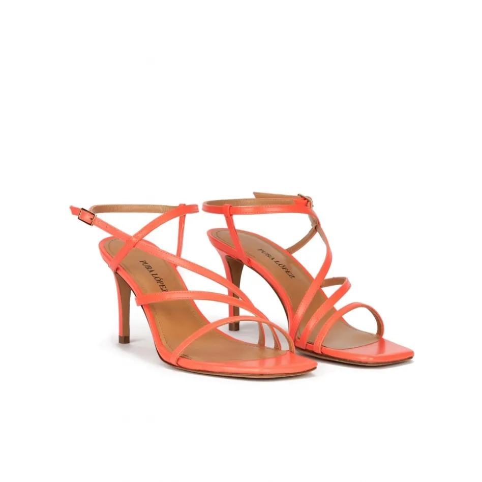 Marinique Sandalias de punta cuadrada y tacón fino en piel rosa coral