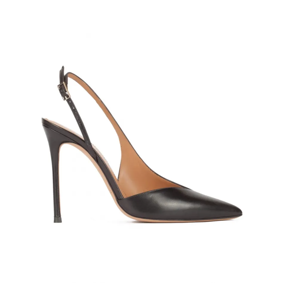 Omeya Slingbacks de tacón alto con escote asimétrico en piel color negro