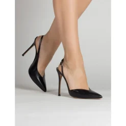 Omeya Slingbacks de tacón alto con escote asimétrico en piel color negro