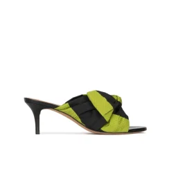 Orquidea Mules de tacón medio fino en tejido verde y negro con lazo