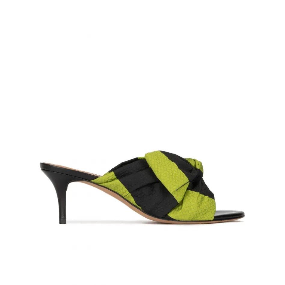 Orquidea Mules de tacón medio fino en tejido verde y negro con lazo
