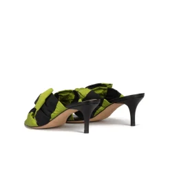Orquidea Mules de tacón medio fino en tejido verde y negro con lazo