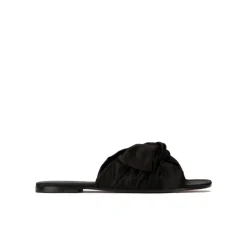 Quetty Sandalias planas de raso negro con detalle de lazo