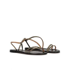 Quimora Sandalias planas de piel en color negro con tachas doradas