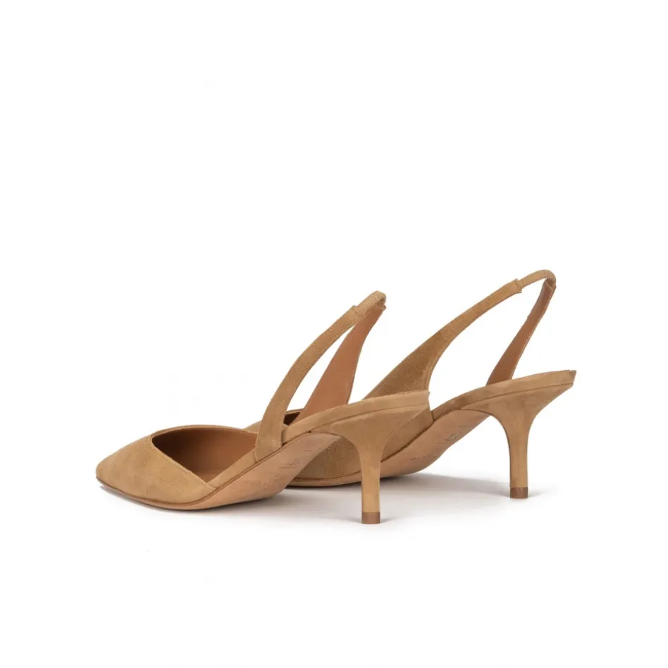 Simonique Zapatos de talón abierto con tacón medio en ante camel
