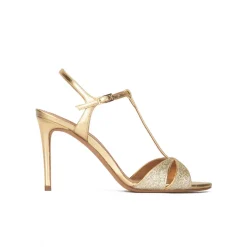 Turquesa Sandalias doradas de tacón fino en glitter y piel metalizada