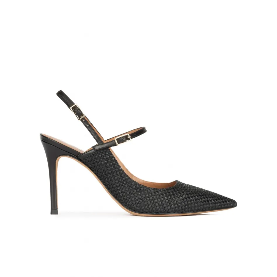 Unique Zapatos de punta fina y tacón alto en rafia color negro