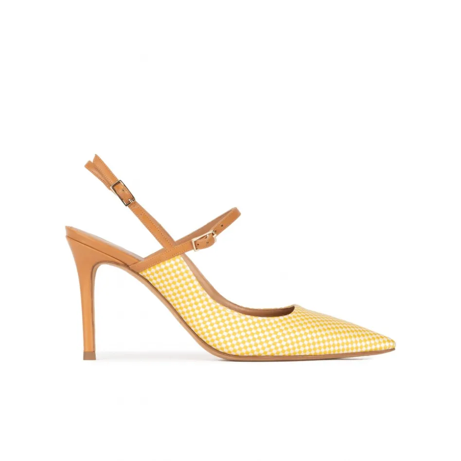 Unique Zapatos de punta fina y tacón alto a cuadros amarillos y blancos
