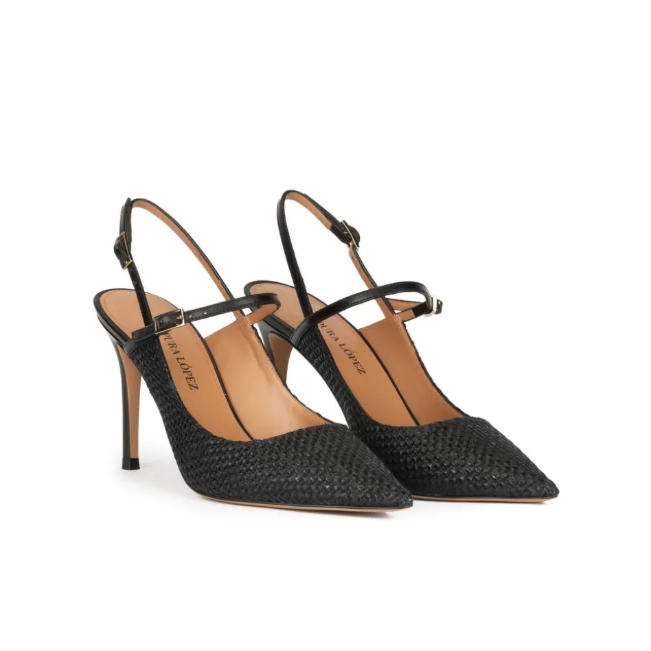 Unique Zapatos de punta fina y tacón alto en rafia color negro