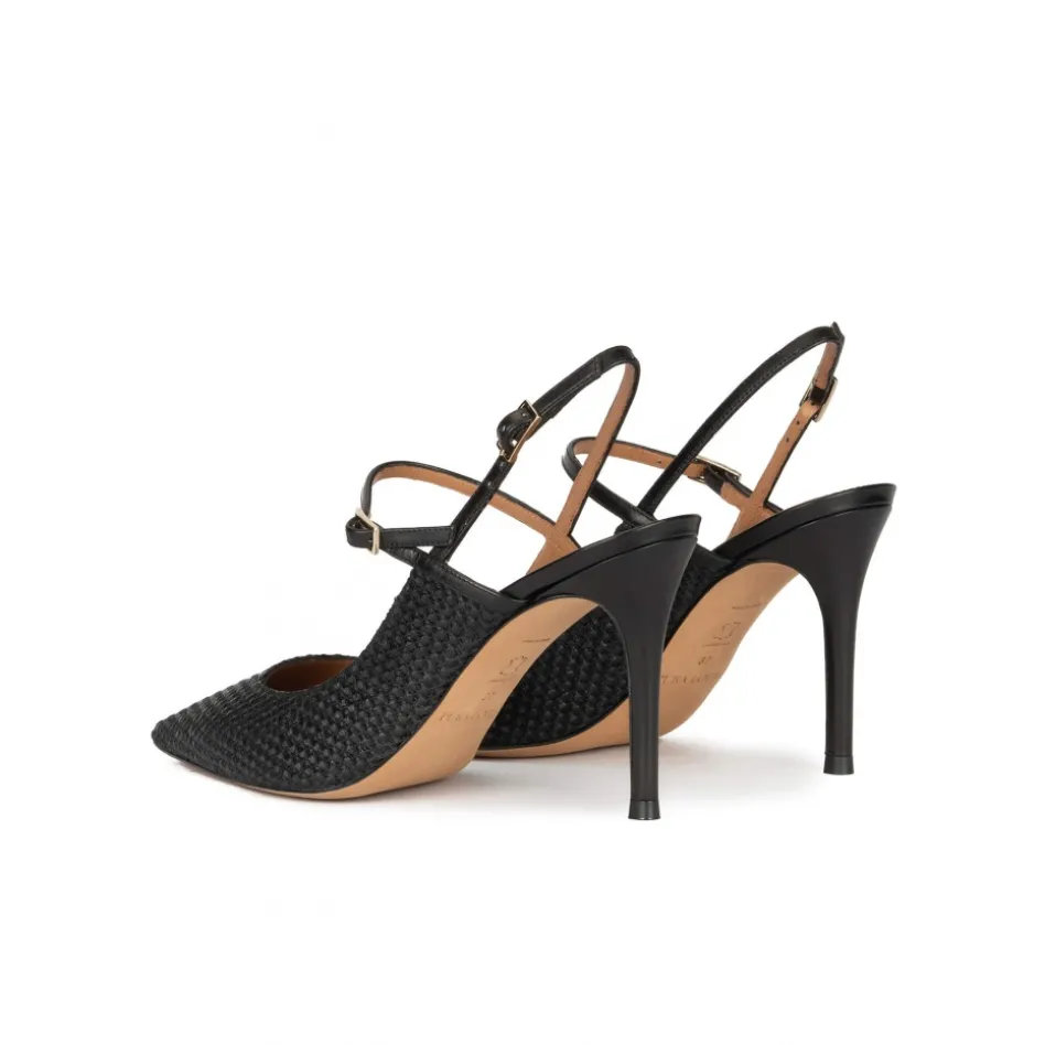 Unique Zapatos de punta fina y tacón alto en rafia color negro
