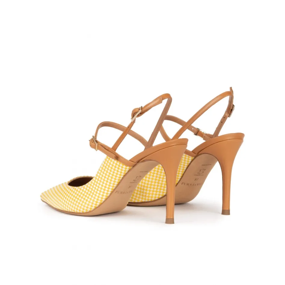 Unique Zapatos de punta fina y tacón alto a cuadros amarillos y blancos